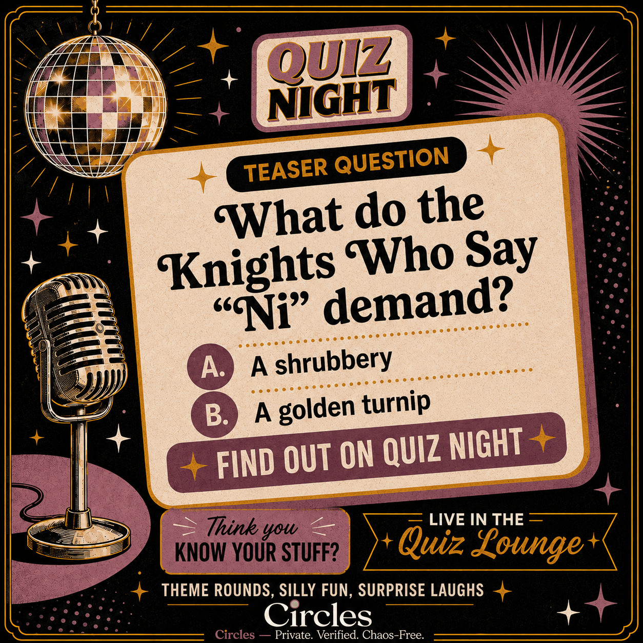 Decorative quiz night graphic for Swingcircles. Private. Verified. Chaos-Free.