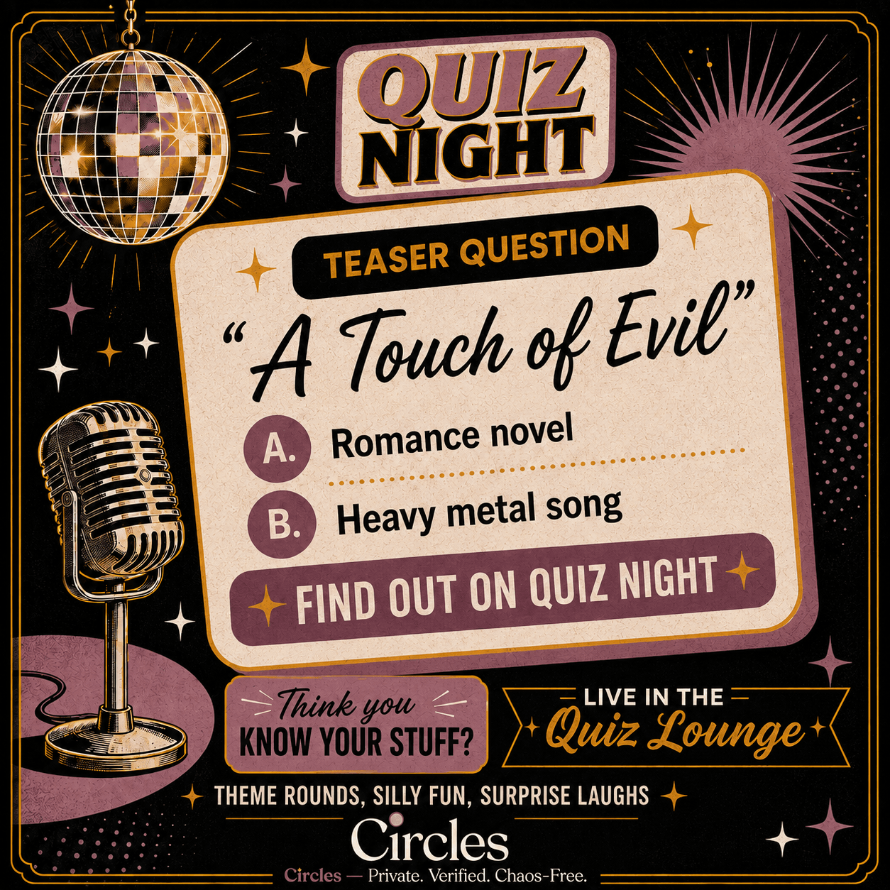 Decorative quiz night graphic for Swingcircles. Private. Verified. Chaos-Free.