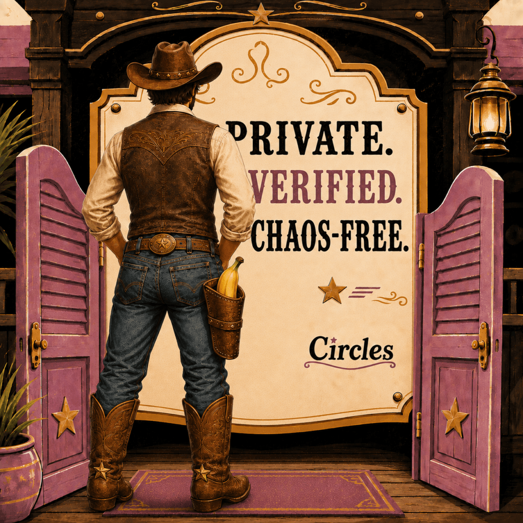 Decorative graphic for Circles. Cowboy standing in front of saloon doors with a banana in his holster,